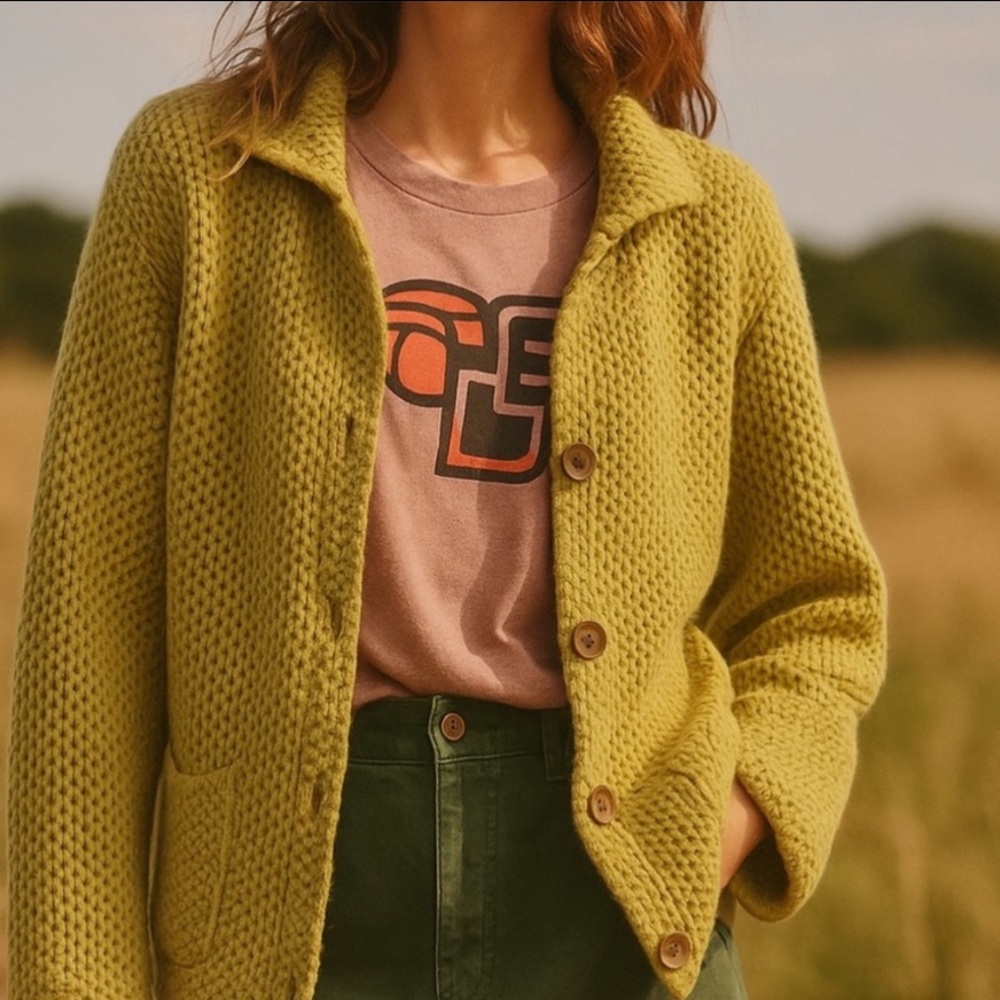 J. Jill Chartreuse Knit Button Down Cotton Blend Sweater Cardigan